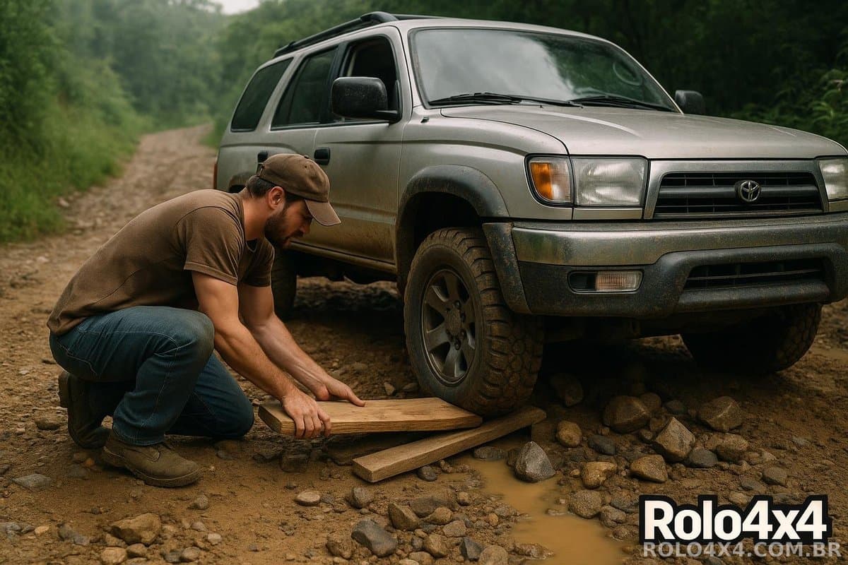 Madeira e pedra para desatolar: técnica improvisada no off-road